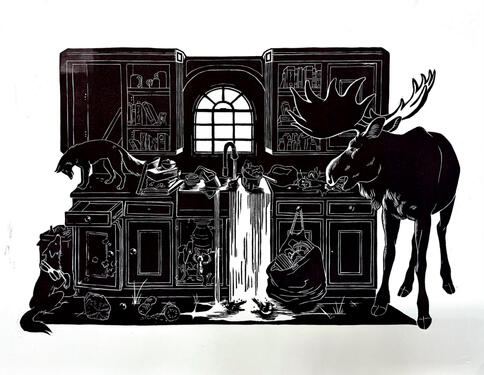 Back Inside, 2024, 16" x 24" relief print, class work
